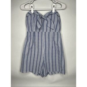 Charlotte Russe Womens XS White Blue Romper Strapless Bow Sailor Seersucker Navy